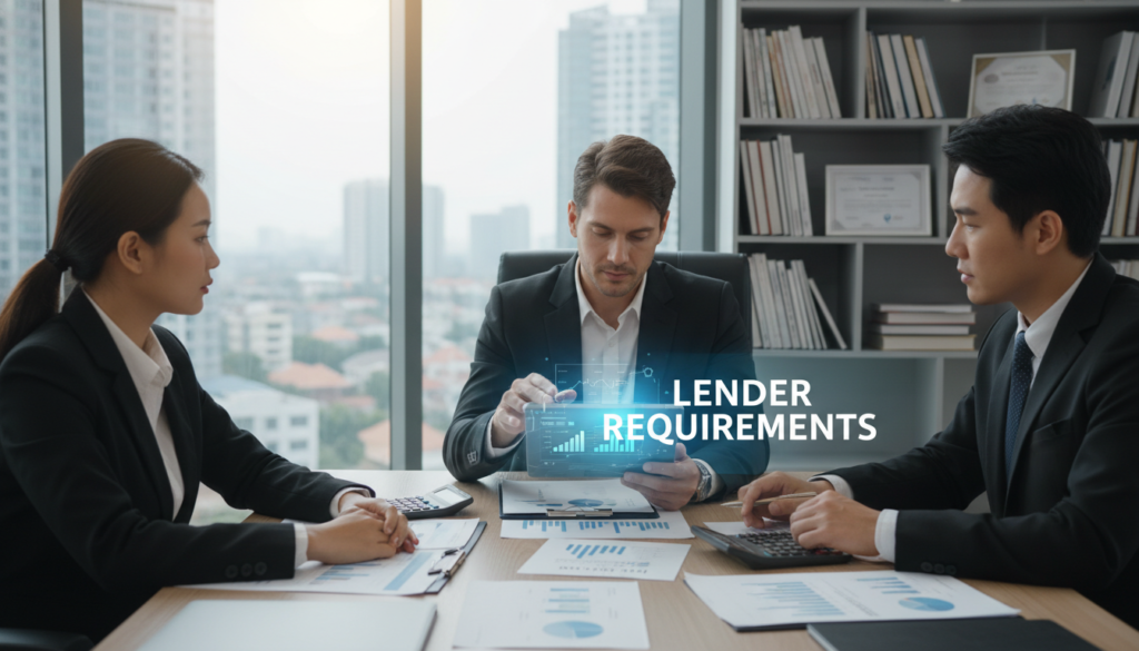 A modern professional workspace showcasing an engaged team analyzing financial documents related to home loan approvals. In the foreground, a diverse group of three professionals in business attire is seated around a sleek conference table filled with charts, loan applications, and calculators. One person points to a digital tablet displaying key financial metrics, emphasizing the concept of understanding lender requirements. In the middle, a large window lets in soft, natural light, illuminating a cityscape visible outside, symbolizing potential home ownership. The background features a bookshelf filled with finance and real estate books, adding depth to the scene. The mood is collaborative and focused, highlighting the analytical nature of assessing what lenders prioritize. A modern professional workspace showcasing an engaged team analyzing financial documents related to home loan approvals. In the foreground, a diverse group of three professionals in business attire is seated around a sleek conference table filled with charts, loan applications, and calculators. One person points to a digital tablet displaying key financial metrics, emphasizing the concept of understanding lender requirements. In the middle, a large window lets in soft, natural light, illuminating a cityscape visible outside, symbolizing potential home ownership. The background features a bookshelf filled with finance and real estate books, adding depth to the scene. The mood is collaborative and focused, highlighting the analytical nature of assessing what lenders prioritize.