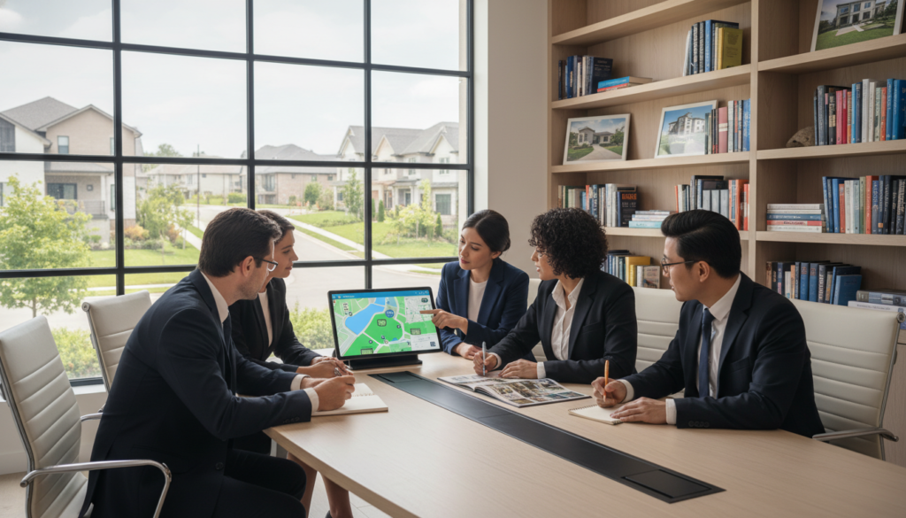 A modern real estate office interior, showcasing a warm and inviting atmosphere. In the foreground, a diverse group of four individuals dressed in professional business attire is examining real estate listings on a sleek conference table. One person points at a digital tablet displaying a map of neighborhoods, while another takes notes. In the middle ground, a large window offers a view of a suburban neighborhood outside, with homes and green lawns, symbolizing the essence of community. The background features shelves filled with real estate books and framed photos of successful properties. Soft natural light filters through the window, creating a bright and optimistic mood. The scene captures the essence of understanding real estate basics, making it approachable for beginners. A modern real estate office interior, showcasing a warm and inviting atmosphere. In the foreground, a diverse group of four individuals dressed in professional business attire is examining real estate listings on a sleek conference table. One person points at a digital tablet displaying a map of neighborhoods, while another takes notes. In the middle ground, a large window offers a view of a suburban neighborhood outside, with homes and green lawns, symbolizing the essence of community. The background features shelves filled with real estate books and framed photos of successful properties. Soft natural light filters through the window, creating a bright and optimistic mood. The scene captures the essence of understanding real estate basics, making it approachable for beginners.