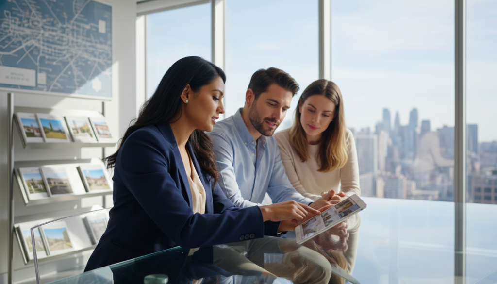 A modern real estate office scene featuring a professional real estate agent engaging with clients in a consultation. In the foreground, the agent, a South Asian woman dressed in a tailored navy blazer and blouse, is analyzing property listings on a tablet while seated at a sleek glass table. The middle layer showcases clients, a couple, appearing attentive and interested, dressed in smart casual attire. In the background, a stylish office with large windows displaying a city skyline, bright natural light flooding the space, and shelves with property brochures and a large printed map on the wall. The atmosphere is warm and friendly, emphasizing professionalism and trust, captured with a soft focus effect to highlight the interaction. A modern real estate office scene featuring a professional real estate agent engaging with clients in a consultation. In the foreground, the agent, a South Asian woman dressed in a tailored navy blazer and blouse, is analyzing property listings on a tablet while seated at a sleek glass table. The middle layer showcases clients, a couple, appearing attentive and interested, dressed in smart casual attire. In the background, a stylish office with large windows displaying a city skyline, bright natural light flooding the space, and shelves with property brochures and a large printed map on the wall. The atmosphere is warm and friendly, emphasizing professionalism and trust, captured with a soft focus effect to highlight the interaction.