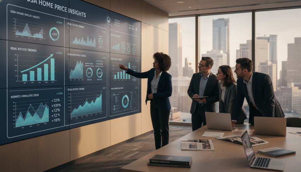 A modern, sleek office environment showcasing a large digital screen displaying various home price insights and real estate trends in the USA. In the foreground, a diverse group of professionals, dressed in business attire, are engaged in a discussion, pointing at the screen, analyzing data with expressions of curiosity and focus. The middle ground features a contemporary conference table cluttered with real estate reports and laptops. The background reveals large windows with a city skyline view, bathed in warm afternoon light, creating an inviting atmosphere. Soft shadows play across the room, enhancing the professional yet approachable mood of a collaborative workspace focused on real estate market analysis. A modern, sleek office environment showcasing a large digital screen displaying various home price insights and real estate trends in the USA. In the foreground, a diverse group of professionals, dressed in business attire, are engaged in a discussion, pointing at the screen, analyzing data with expressions of curiosity and focus. The middle ground features a contemporary conference table cluttered with real estate reports and laptops. The background reveals large windows with a city skyline view, bathed in warm afternoon light, creating an inviting atmosphere. Soft shadows play across the room, enhancing the professional yet approachable mood of a collaborative workspace focused on real estate market analysis.