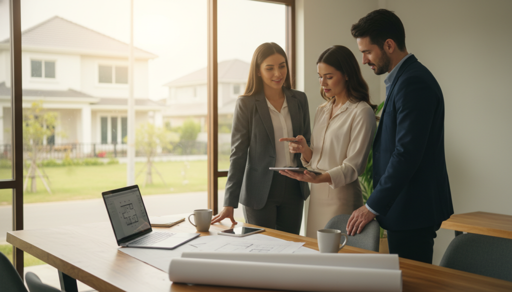 A modern, stylish home office environment, showcasing a diverse group of three professionals (two women and one man) engaged in a discussion about homeownership goals. In the foreground, place a large wooden table adorned with blueprints, a laptop, and coffee cups. In the middle ground, depict the individuals dressed in professional business attire, with one pointing at a digital tablet displaying charts and graphs. The background features a large window with natural light streaming in, revealing a serene suburban neighborhood outside. Soft, warm lighting enhances the atmosphere, creating a productive yet relaxed mood, ideal for planning future home purchases. Use a slightly wide-angle lens effect to capture the collaborative spirit of the scene. A modern, stylish home office environment, showcasing a diverse group of three professionals (two women and one man) engaged in a discussion about homeownership goals. In the foreground, place a large wooden table adorned with blueprints, a laptop, and coffee cups. In the middle ground, depict the individuals dressed in professional business attire, with one pointing at a digital tablet displaying charts and graphs. The background features a large window with natural light streaming in, revealing a serene suburban neighborhood outside. Soft, warm lighting enhances the atmosphere, creating a productive yet relaxed mood, ideal for planning future home purchases. Use a slightly wide-angle lens effect to capture the collaborative spirit of the scene.
