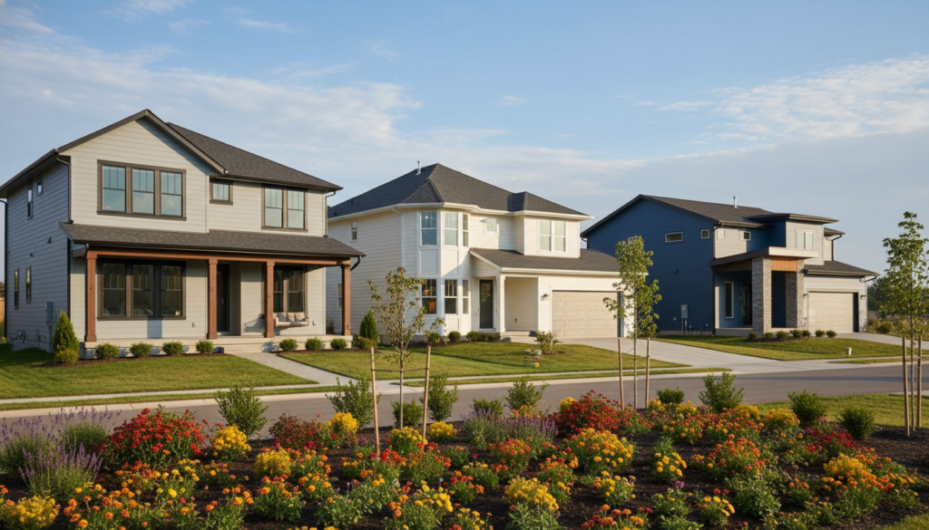 A modern subdivision of new construction homes, with elegant, contemporary designs featuring large windows and inviting porches. In the foreground, a freshly landscaped yard with vibrant flowers and young trees, showcasing a welcoming atmosphere. In the middle ground, several stylish two-story homes with varying colors, each boasting unique architectural designs that blend seamlessly into the neighborhood. The background highlights a clear blue sky with soft, fluffy clouds, basking the scene in warm, natural sunlight that creates gentle shadows. The overall mood is optimistic and inviting, suggesting a promising new beginning in homeownership, with no human figures present to maintain focus on the properties themselves. The scene is captured from a slightly elevated angle to emphasize the layout and beauty of the homes. A modern subdivision of new construction homes, with elegant, contemporary designs featuring large windows and inviting porches. In the foreground, a freshly landscaped yard with vibrant flowers and young trees, showcasing a welcoming atmosphere. In the middle ground, several stylish two-story homes with varying colors, each boasting unique architectural designs that blend seamlessly into the neighborhood. The background highlights a clear blue sky with soft, fluffy clouds, basking the scene in warm, natural sunlight that creates gentle shadows. The overall mood is optimistic and inviting, suggesting a promising new beginning in homeownership, with no human figures present to maintain focus on the properties themselves. The scene is captured from a slightly elevated angle to emphasize the layout and beauty of the homes.