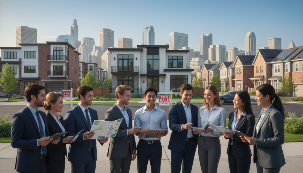 A modern urban housing market scene depicting a mix of residential buildings including single-family homes, condos, and townhouses. In the foreground, a diverse group of professionals in business attire is engaged in a discussion, holding digital tablets and property listings. The middle ground features a real estate agent showing a house to a young couple, emphasizing the dynamic interaction of supply and demand. In the background, a vibrant skyline reflects a bustling city, with clear blue skies and sunlight illuminating the scene, creating a hopeful atmosphere. Use a wide-angle lens to capture depth and perspective, highlighting the growth and complexity of the housing market in the USA. The overall mood is optimistic and professional, showcasing the active engagement in housing transactions. A modern urban housing market scene depicting a mix of residential buildings including single-family homes, condos, and townhouses. In the foreground, a diverse group of professionals in business attire is engaged in a discussion, holding digital tablets and property listings. The middle ground features a real estate agent showing a house to a young couple, emphasizing the dynamic interaction of supply and demand. In the background, a vibrant skyline reflects a bustling city, with clear blue skies and sunlight illuminating the scene, creating a hopeful atmosphere. Use a wide-angle lens to capture depth and perspective, highlighting the growth and complexity of the housing market in the USA. The overall mood is optimistic and professional, showcasing the active engagement in housing transactions.