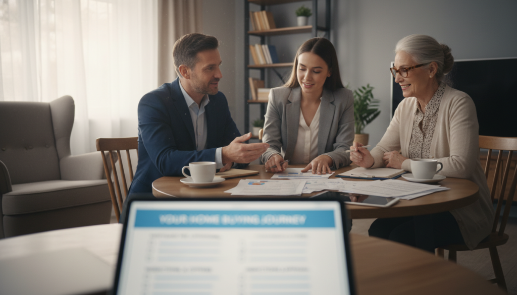 A neatly arranged home buying checklist is prominently featured in the foreground, complete with checkboxes for key steps like mortgage pre-approval, house hunting, and inspections. In the middle ground, a diverse group of three professionals is engaged in a discussion, all dressed in smart business attire - a middle-aged man in a suit, a young woman in a blazer, and an older woman with stylish glasses. They are gathered around a table, examining documents and sharing ideas. The background showcases a cozy and inviting room with soft, warm lighting, accentuated by a window allowing natural light to filter in, creating an atmosphere of collaboration and understanding. The camera angle is slightly elevated, capturing a dynamic perspective of the scene while maintaining a focus on the checklist's importance in the home buying process. A neatly arranged home buying checklist is prominently featured in the foreground, complete with checkboxes for key steps like mortgage pre-approval, house hunting, and inspections. In the middle ground, a diverse group of three professionals is engaged in a discussion, all dressed in smart business attire - a middle-aged man in a suit, a young woman in a blazer, and an older woman with stylish glasses. They are gathered around a table, examining documents and sharing ideas. The background showcases a cozy and inviting room with soft, warm lighting, accentuated by a window allowing natural light to filter in, creating an atmosphere of collaboration and understanding. The camera angle is slightly elevated, capturing a dynamic perspective of the scene while maintaining a focus on the checklist's importance in the home buying process.