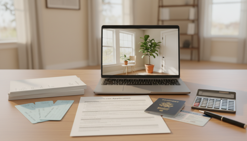 A neatly organized desk scene fills the foreground, showcasing a range of essential documents for a mortgage application. Visible items include a filled-out loan application, recent pay stubs, tax returns, bank statements, and proof of identity such as a driver's license. A calculator and a pen rest beside the documents. In the middle ground, a stylish laptop displays a serene home office setting, with a green potted plant adding a touch of nature. The background features a softly blurred, well-lit room with light-colored walls, exuding a calm and professional atmosphere. The lighting is warm and inviting, emphasizing clarity and organization. This image captures the essential elements for completing a mortgage application with a focus on professionalism and preparedness. A neatly organized desk scene fills the foreground, showcasing a range of essential documents for a mortgage application. Visible items include a filled-out loan application, recent pay stubs, tax returns, bank statements, and proof of identity such as a driver's license. A calculator and a pen rest beside the documents. In the middle ground, a stylish laptop displays a serene home office setting, with a green potted plant adding a touch of nature. The background features a softly blurred, well-lit room with light-colored walls, exuding a calm and professional atmosphere. The lighting is warm and inviting, emphasizing clarity and organization. This image captures the essential elements for completing a mortgage application with a focus on professionalism and preparedness.
