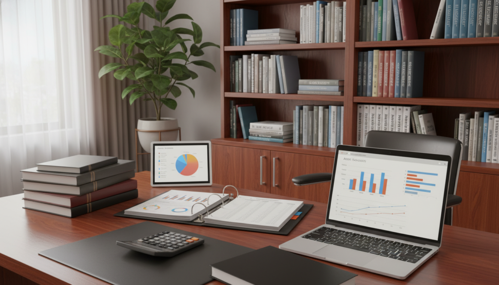 A neatly organized office space showcasing an "assets inventory" scene. In the foreground, a polished wooden desk displays various financial documents, a calculator, and a laptop with graphs illustrating assets and liabilities. In the middle, an open binder filled with neatly arranged asset listings and a pie chart on a display screen, emphasizing the financial snapshot concept. The background features a bookshelf filled with financial books and a green plant, adding warmth to the atmosphere. Soft, diffused lighting spills in from a window, creating a calm and focused ambiance. Capture the scene with a slight angle to provide depth, reflecting a professional and organized workspace ideal for understanding financial management. A neatly organized office space showcasing an "assets inventory" scene. In the foreground, a polished wooden desk displays various financial documents, a calculator, and a laptop with graphs illustrating assets and liabilities. In the middle, an open binder filled with neatly arranged asset listings and a pie chart on a display screen, emphasizing the financial snapshot concept. The background features a bookshelf filled with financial books and a green plant, adding warmth to the atmosphere. Soft, diffused lighting spills in from a window, creating a calm and focused ambiance. Capture the scene with a slight angle to provide depth, reflecting a professional and organized workspace ideal for understanding financial management.