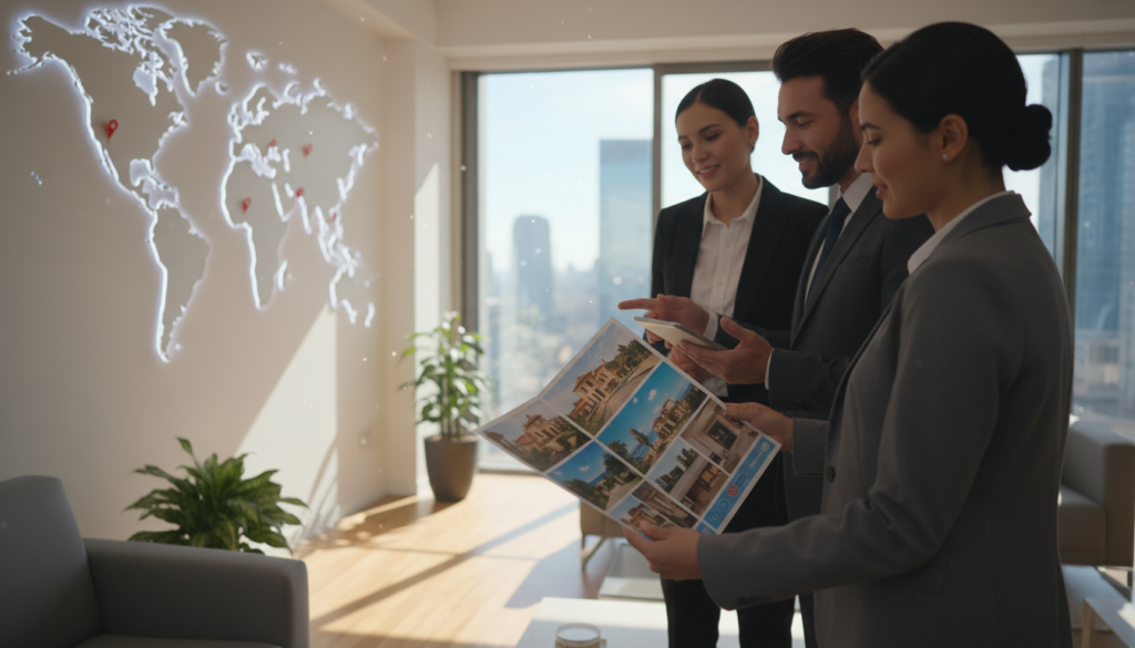 A picturesque scene illustrating the concept of buying property abroad, featuring a diverse group of three professionals in smart business attire discussing real estate options. In the foreground, one person is holding an international property brochure, showcasing stunning homes in various countries. The middle ground reveals a modern office environment with a large map of the world adorned with pins marking various international cities known for real estate investment. In the background, sunlight filters through large windows, casting warm rays that create an inviting atmosphere. The mood is optimistic and collaborative, symbolizing the excitement of exploring global real estate opportunities. Use soft, natural lighting with a focus on depth and clarity, ideally shot with a 35mm lens to capture the bustling yet serene environment. A picturesque scene illustrating the concept of buying property abroad, featuring a diverse group of three professionals in smart business attire discussing real estate options. In the foreground, one person is holding an international property brochure, showcasing stunning homes in various countries. The middle ground reveals a modern office environment with a large map of the world adorned with pins marking various international cities known for real estate investment. In the background, sunlight filters through large windows, casting warm rays that create an inviting atmosphere. The mood is optimistic and collaborative, symbolizing the excitement of exploring global real estate opportunities. Use soft, natural lighting with a focus on depth and clarity, ideally shot with a 35mm lens to capture the bustling yet serene environment.