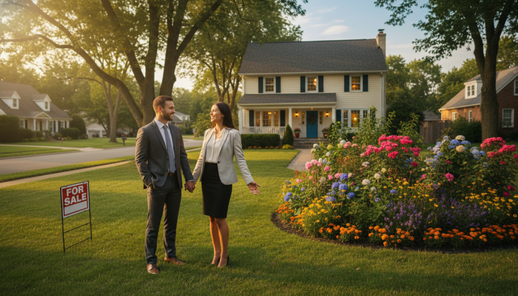 A picturesque suburban neighborhood during the golden hour, showcasing a well-maintained house with a "For Sale" sign in the front yard. In the foreground, a professional couple in business attire stands together, smiling and discussing their plans. The middle ground features a beautiful garden filled with blooming flowers, while the house boasts a welcoming facade with warm lighting illuminating its windows. The background shows tree-lined streets and a clear blue sky, creating a serene and inviting atmosphere. Soft, diffused lighting enhances the scene's warmth, capturing the ideal moment to sell a house. The image should evoke a sense of optimism and opportunity for potential homebuyers. A picturesque suburban neighborhood during the golden hour, showcasing a well-maintained house with a "For Sale" sign in the front yard. In the foreground, a professional couple in business attire stands together, smiling and discussing their plans. The middle ground features a beautiful garden filled with blooming flowers, while the house boasts a welcoming facade with warm lighting illuminating its windows. The background shows tree-lined streets and a clear blue sky, creating a serene and inviting atmosphere. Soft, diffused lighting enhances the scene's warmth, capturing the ideal moment to sell a house. The image should evoke a sense of optimism and opportunity for potential homebuyers.