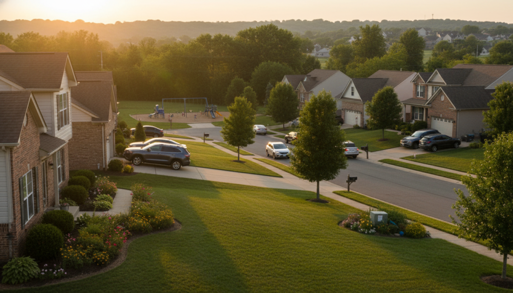 A picturesque suburban neighborhood during the golden hour, with warm, soft lighting casting long shadows. In the foreground, well-maintained lawns and flower beds frame cozy single-family homes, featuring a mix of brick and siding facades. A tree-lined street runs through the scene, adorned with colorful mailboxes and neatly parked cars. In the middle ground, children can be seen playing in a small park, showcasing a safe and friendly environment. The background features a gentle hillside, dotted with more residential homes, creating a sense of community. The overall atmosphere is inviting and serene, embodying the comfort and charm of suburban living, ideal for potential homebuyers. The perspective is a slightly elevated angle, capturing the essence of the neighborhood. A picturesque suburban neighborhood during the golden hour, with warm, soft lighting casting long shadows. In the foreground, well-maintained lawns and flower beds frame cozy single-family homes, featuring a mix of brick and siding facades. A tree-lined street runs through the scene, adorned with colorful mailboxes and neatly parked cars. In the middle ground, children can be seen playing in a small park, showcasing a safe and friendly environment. The background features a gentle hillside, dotted with more residential homes, creating a sense of community. The overall atmosphere is inviting and serene, embodying the comfort and charm of suburban living, ideal for potential homebuyers. The perspective is a slightly elevated angle, capturing the essence of the neighborhood.