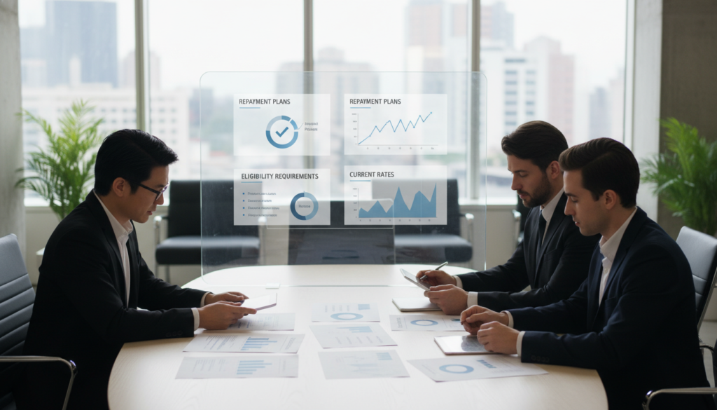 A professional and informative scene depicting the exploration of common loan types and programs. In the foreground, a diverse group of three individuals in smart business attire are gathered around a sleek conference table, reviewing documents and charts that represent various loan types like mortgages, personal loans, and student loans. In the middle ground, a large digital screen displays infographics related to loan programs, showcasing interest rates, repayment plans, and eligibility requirements. The background features a modern office environment with large windows allowing natural light to flood the room, enhancing an atmosphere of collaboration and learning. The overall mood is focused and engaging, capturing the essence of financial literacy and decision-making. The camera angle is slightly elevated to overlook the group, emphasizing the teamwork in exploring these financial options. A professional and informative scene depicting the exploration of common loan types and programs. In the foreground, a diverse group of three individuals in smart business attire are gathered around a sleek conference table, reviewing documents and charts that represent various loan types like mortgages, personal loans, and student loans. In the middle ground, a large digital screen displays infographics related to loan programs, showcasing interest rates, repayment plans, and eligibility requirements. The background features a modern office environment with large windows allowing natural light to flood the room, enhancing an atmosphere of collaboration and learning. The overall mood is focused and engaging, capturing the essence of financial literacy and decision-making. The camera angle is slightly elevated to overlook the group, emphasizing the teamwork in exploring these financial options.