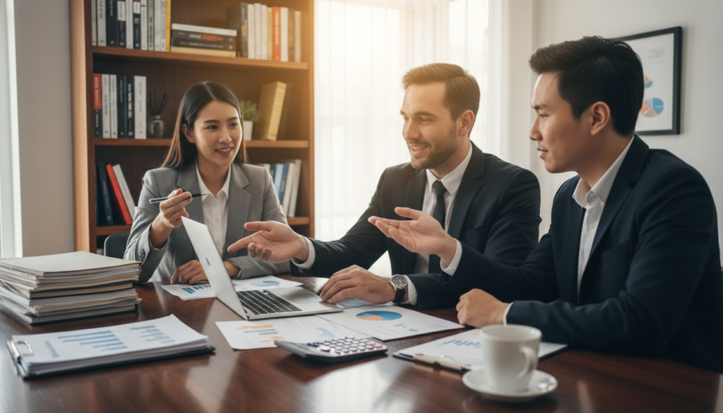 A professional and inviting home office setting, showcasing a diverse group of individuals in professional business attire engaged in a discussion about conventional mortgages. In the foreground, a polished wooden desk with mortgage documents, calculators, and coffee cups. The middle ground features the group of three people—two men and one woman—analyzing financial charts on a laptop and interacting with each other animatedly. In the background, a bookshelf filled with finance and real estate books, alongside a window letting in soft, natural light, casting a warm glow in the room. The overall mood is collaborative, informative, and focused on the theme of financial empowerment and homeownership through conventional loans. The perspective is slightly angled to create depth, emphasizing engagement and professionalism. A professional and inviting home office setting, showcasing a diverse group of individuals in professional business attire engaged in a discussion about conventional mortgages. In the foreground, a polished wooden desk with mortgage documents, calculators, and coffee cups. The middle ground features the group of three people—two men and one woman—analyzing financial charts on a laptop and interacting with each other animatedly. In the background, a bookshelf filled with finance and real estate books, alongside a window letting in soft, natural light, casting a warm glow in the room. The overall mood is collaborative, informative, and focused on the theme of financial empowerment and homeownership through conventional loans. The perspective is slightly angled to create depth, emphasizing engagement and professionalism.