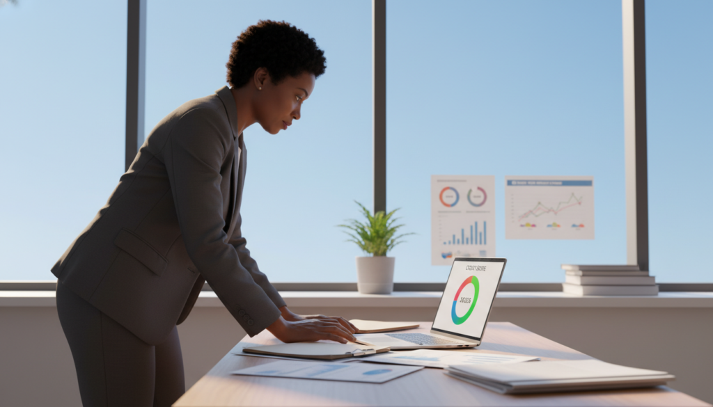 A professional and modern office setting forms the backdrop, with a large window revealing a clear blue sky. In the foreground, a neatly arranged desk showcases a laptop displaying a colorful credit score gauge, where the score is highlighted in green. A person in business attire, a middle-aged Black woman, is focused on the screen, assessing her financial documents scattered nearby. The room is softly lit with natural light streaming through the window, creating a warm and optimistic atmosphere. In the middle-ground, a small plant adds a touch of life, while financial charts and graphs decorate the wall, reinforcing the theme of financial responsibility and planning. The overall mood is one of determination and empowerment, symbolizing the importance of a good credit score in the journey to homeownership. A professional and modern office setting forms the backdrop, with a large window revealing a clear blue sky. In the foreground, a neatly arranged desk showcases a laptop displaying a colorful credit score gauge, where the score is highlighted in green. A person in business attire, a middle-aged Black woman, is focused on the screen, assessing her financial documents scattered nearby. The room is softly lit with natural light streaming through the window, creating a warm and optimistic atmosphere. In the middle-ground, a small plant adds a touch of life, while financial charts and graphs decorate the wall, reinforcing the theme of financial responsibility and planning. The overall mood is one of determination and empowerment, symbolizing the importance of a good credit score in the journey to homeownership.
