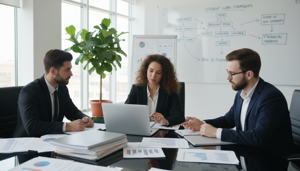 A professional and organized office setting focused on assessing student loans. In the foreground, a diverse group of three individuals, a young woman and two men, are seated around a modern conference table covered with financial documents and a laptop displaying graphs. They are dressed in smart business attire, engaged in a discussion. In the middle ground, large windows let in soft natural light, illuminating the space, with a potted plant enhancing the atmosphere. The background features a whiteboard filled with financial strategies and notes about student loans. The overall mood is serious and focused, conveying a sense of collaboration and determination in managing personal debt effectively. The angle is slightly overhead, allowing a clear view of the table's content and the participants' expressions. A professional and organized office setting focused on assessing student loans. In the foreground, a diverse group of three individuals, a young woman and two men, are seated around a modern conference table covered with financial documents and a laptop displaying graphs. They are dressed in smart business attire, engaged in a discussion. In the middle ground, large windows let in soft natural light, illuminating the space, with a potted plant enhancing the atmosphere. The background features a whiteboard filled with financial strategies and notes about student loans. The overall mood is serious and focused, conveying a sense of collaboration and determination in managing personal debt effectively. The angle is slightly overhead, allowing a clear view of the table's content and the participants' expressions.