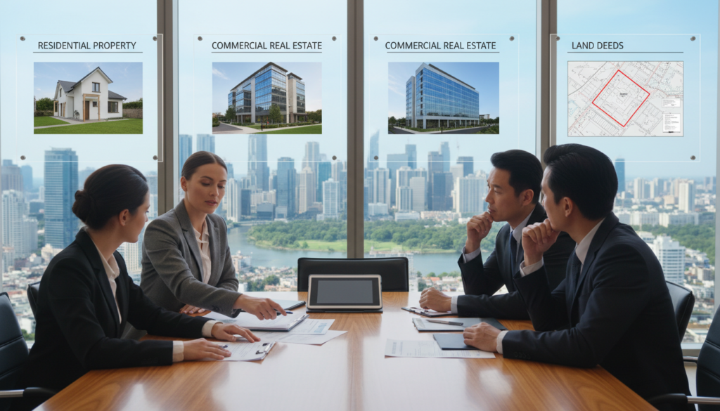 A professional business setting depicting various aspects of real property ownership. In the foreground, a diverse group of individuals in smart business attire, including a confident woman and a thoughtful man, discussing property documents on a polished wooden table. In the middle ground, detailed images of a house, a commercial building, and land maps illustrating the concept of ownership. The background showcases a large window with a cityscape view under a clear blue sky, providing natural light that brightens the scene. The mood is one of collaboration and clarity, emphasizing the importance of understanding real estate rights. Use soft lighting to create an inviting atmosphere, captured from a slightly elevated angle to encompass all elements harmoniously. A professional business setting depicting various aspects of real property ownership. In the foreground, a diverse group of individuals in smart business attire, including a confident woman and a thoughtful man, discussing property documents on a polished wooden table. In the middle ground, detailed images of a house, a commercial building, and land maps illustrating the concept of ownership. The background showcases a large window with a cityscape view under a clear blue sky, providing natural light that brightens the scene. The mood is one of collaboration and clarity, emphasizing the importance of understanding real estate rights. Use soft lighting to create an inviting atmosphere, captured from a slightly elevated angle to encompass all elements harmoniously.