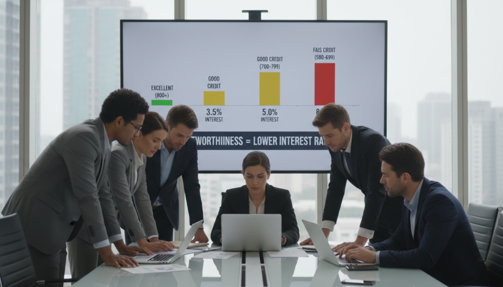 A professional business setting illustrating the impact of creditworthiness on interest rates. In the foreground, a diverse group of business professionals in smart attire, reviewing financial documents and analyzing graphs on a large screen. In the middle, a clear infographic displaying a bar graph comparing credit scores with varying interest rates, symbolizing the correlation between them. In the background, a modern office with large windows that allow natural light to illuminate the scene, creating a bright and focused atmosphere. Use a wide-angle lens effect to capture depth, emphasizing the professionals' engaged expressions. The mood is analytical and informative, inviting viewers to consider the importance of creditworthiness in financial decisions. A professional business setting illustrating the impact of creditworthiness on interest rates. In the foreground, a diverse group of business professionals in smart attire, reviewing financial documents and analyzing graphs on a large screen. In the middle, a clear infographic displaying a bar graph comparing credit scores with varying interest rates, symbolizing the correlation between them. In the background, a modern office with large windows that allow natural light to illuminate the scene, creating a bright and focused atmosphere. Use a wide-angle lens effect to capture depth, emphasizing the professionals' engaged expressions. The mood is analytical and informative, inviting viewers to consider the importance of creditworthiness in financial decisions.