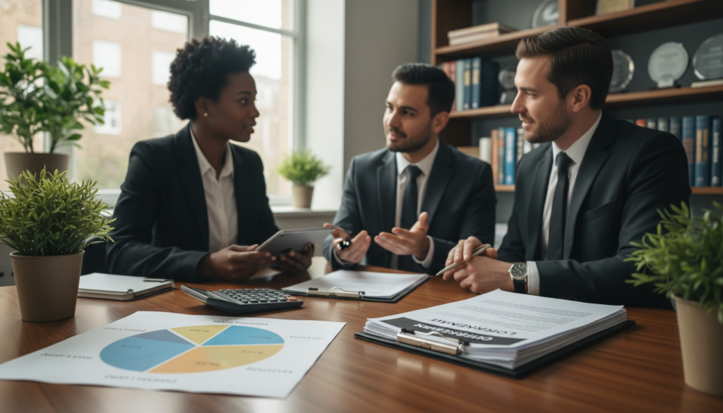 A professional business setting with a close-up focus on a calculator, mortgage documents, and a pie chart representing financial capacity on a sleek wooden desk. In the foreground, a diverse group of three individuals in professional business attire, including a Black woman, a Hispanic man, and a Caucasian woman, engaged in a discussion about mortgage qualifications. The middle section features a holistic view of a cozy office with potted plants and a large window letting in soft natural light, creating an inviting atmosphere. In the background, blurred shelves filled with financial books and awards add depth. The overall mood is collaborative and focused, evoking trust and professionalism in financial planning. A professional business setting with a close-up focus on a calculator, mortgage documents, and a pie chart representing financial capacity on a sleek wooden desk. In the foreground, a diverse group of three individuals in professional business attire, including a Black woman, a Hispanic man, and a Caucasian woman, engaged in a discussion about mortgage qualifications. The middle section features a holistic view of a cozy office with potted plants and a large window letting in soft natural light, creating an inviting atmosphere. In the background, blurred shelves filled with financial books and awards add depth. The overall mood is collaborative and focused, evoking trust and professionalism in financial planning.