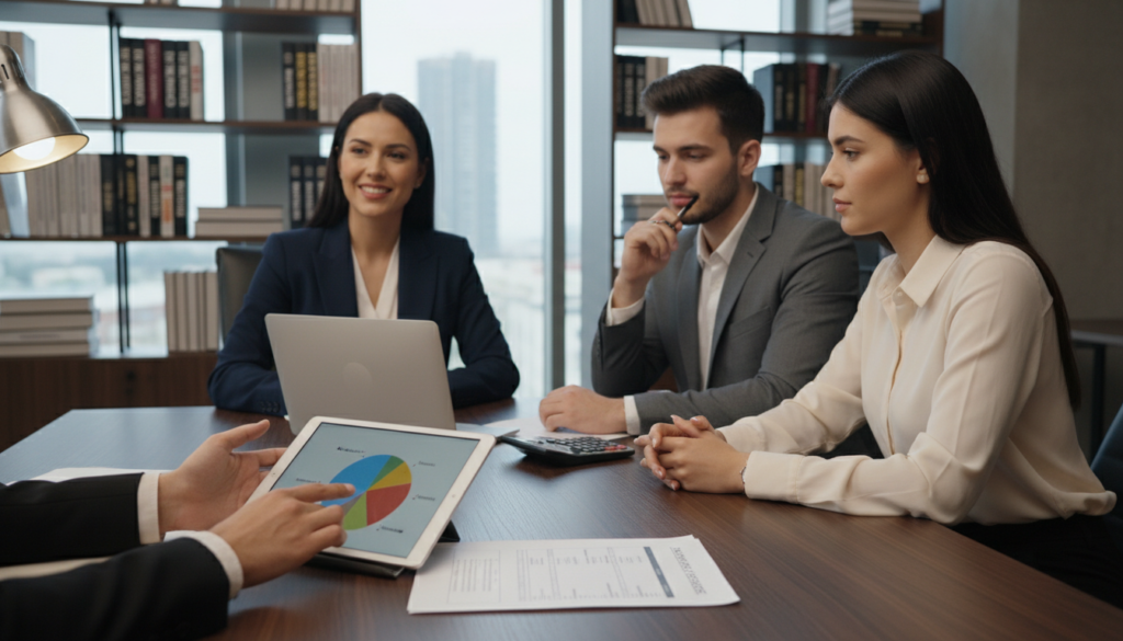 A professional financial advisor, dressed in business attire, sits at a sleek desk covered with financial documents, a laptop, and a calculator. In the foreground, a detailed close-up of hands analyzing a brightly colored pie chart and a list of expenses. The middle ground features the advisor engaged in conversation, providing guidance to a young couple, also in professional attire, who look thoughtfully at the documents in front of them. In the background, a well-organized office space with shelves filled with books on finance, creating a sense of authority. Soft, warm lighting enhances the welcoming atmosphere while a slight blur on the background helps to keep the focus on the interaction, conveying a mood of professionalism and determination in assessing financial readiness. A professional financial advisor, dressed in business attire, sits at a sleek desk covered with financial documents, a laptop, and a calculator. In the foreground, a detailed close-up of hands analyzing a brightly colored pie chart and a list of expenses. The middle ground features the advisor engaged in conversation, providing guidance to a young couple, also in professional attire, who look thoughtfully at the documents in front of them. In the background, a well-organized office space with shelves filled with books on finance, creating a sense of authority. Soft, warm lighting enhances the welcoming atmosphere while a slight blur on the background helps to keep the focus on the interaction, conveying a mood of professionalism and determination in assessing financial readiness.
