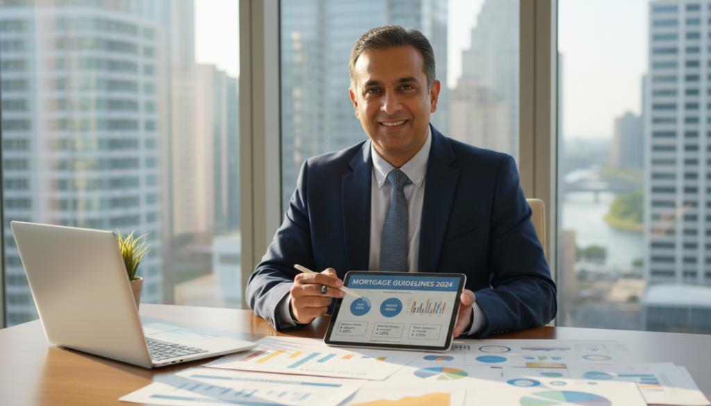 A professional financial advisor seated at a modern desk, surrounded by colorful charts and documents illustrating mortgage requirements. In the foreground, the advisor, a middle-aged South Asian man in a tailored suit, points to a detailed mortgage guideline chart on a tablet screen. In the middle ground, a well-organized workspace features a laptop and a potted plant adding a touch of greenery. The background includes a large window revealing a cityscape with sunlight streaming in, creating a bright and inviting atmosphere. Soft, natural lighting enhances the clarity of the documents, while a warm color palette conveys a sense of trust and professionalism. The overall mood is informative and approachable, suitable for understanding mortgage processes in today’s market. A professional financial advisor seated at a modern desk, surrounded by colorful charts and documents illustrating mortgage requirements. In the foreground, the advisor, a middle-aged South Asian man in a tailored suit, points to a detailed mortgage guideline chart on a tablet screen. In the middle ground, a well-organized workspace features a laptop and a potted plant adding a touch of greenery. The background includes a large window revealing a cityscape with sunlight streaming in, creating a bright and inviting atmosphere. Soft, natural lighting enhances the clarity of the documents, while a warm color palette conveys a sense of trust and professionalism. The overall mood is informative and approachable, suitable for understanding mortgage processes in today’s market.