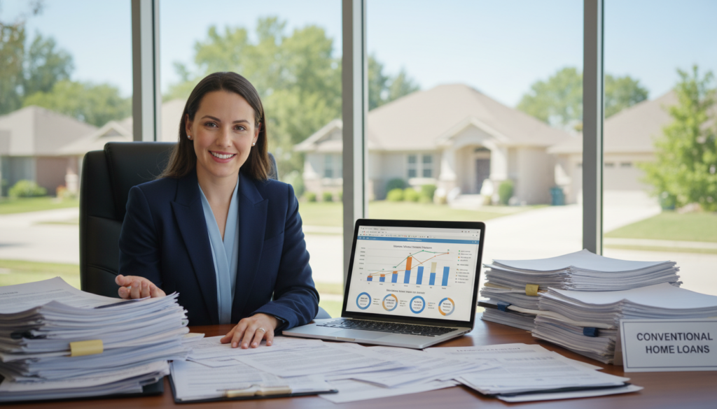 A professional financial advisor sits at a sleek wooden desk in a modern office, surrounded by stacks of mortgage documents and a laptop displaying housing market graphs. In the background, large windows reveal a sunny suburban neighborhood with charming homes and well-maintained lawns, emphasizing the concept of conventional loans for traditional homebuyers. The advisor, dressed in formal business attire, gestures toward the documents with a welcoming smile, creating a friendly and informative atmosphere. Soft natural light floods the room, highlighting the professionalism and warmth of the setting. Use a standard lens for a balanced perspective, ensuring clarity and focus on the advisor and the desk while softly blurring the background to draw attention to the mortgage context. A professional financial advisor sits at a sleek wooden desk in a modern office, surrounded by stacks of mortgage documents and a laptop displaying housing market graphs. In the background, large windows reveal a sunny suburban neighborhood with charming homes and well-maintained lawns, emphasizing the concept of conventional loans for traditional homebuyers. The advisor, dressed in formal business attire, gestures toward the documents with a welcoming smile, creating a friendly and informative atmosphere. Soft natural light floods the room, highlighting the professionalism and warmth of the setting. Use a standard lens for a balanced perspective, ensuring clarity and focus on the advisor and the desk while softly blurring the background to draw attention to the mortgage context.