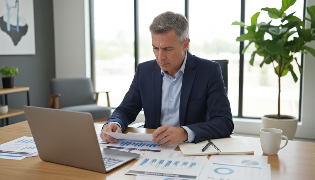 A professional financial advisor sitting at a modern desk, attentively analyzing a variety of financial documents such as budget sheets and mortgage calculators. In the foreground, a laptop is open, displaying graphs and financial software, while a coffee cup and a notepad with notes are placed nearby. The advisor, a middle-aged individual in smart business attire, has a look of concentration. The background features a large window allowing natural light to flood the room, casting soft shadows. A potted plant adds a touch of warmth, contributing to a calm, productive atmosphere. The overall mood is focused and analytical, perfect for depicting the theme of financial readiness assessment. A professional financial advisor sitting at a modern desk, attentively analyzing a variety of financial documents such as budget sheets and mortgage calculators. In the foreground, a laptop is open, displaying graphs and financial software, while a coffee cup and a notepad with notes are placed nearby. The advisor, a middle-aged individual in smart business attire, has a look of concentration. The background features a large window allowing natural light to flood the room, casting soft shadows. A potted plant adds a touch of warmth, contributing to a calm, productive atmosphere. The overall mood is focused and analytical, perfect for depicting the theme of financial readiness assessment.