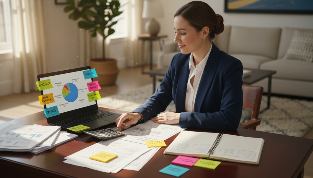 A professional-looking individual in business attire sits at a neatly organized desk cluttered with paperwork, a calculator, and a laptop displaying a pie chart representing a homebuying budget. In the foreground, there are colorful sticky notes with budget categories labeled (like "mortgage," "insurance," and "savings") arranged around the desk. In the middle ground, an open notebook showcases handwritten notes and financial figures. The background features a soft-focus view of a cozy living room, hinting at the warmth of home. Natural light streams through a window, casting gentle shadows and creating a hopeful and focused atmosphere. The overall mood is one of determination and careful planning. A professional-looking individual in business attire sits at a neatly organized desk cluttered with paperwork, a calculator, and a laptop displaying a pie chart representing a homebuying budget. In the foreground, there are colorful sticky notes with budget categories labeled (like "mortgage," "insurance," and "savings") arranged around the desk. In the middle ground, an open notebook showcases handwritten notes and financial figures. The background features a soft-focus view of a cozy living room, hinting at the warmth of home. Natural light streams through a window, casting gentle shadows and creating a hopeful and focused atmosphere. The overall mood is one of determination and careful planning.