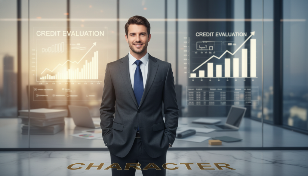A professional-looking individual stands confidently in the foreground, dressed in a tailored business suit, representing the concept of "character" in a financial context. Their expression is earnest and approachable, conveying trustworthiness and reliability. In the middle ground, a blurred office environment showcases financial charts and documents, symbolizing the evaluation of credit. The background features soft lighting, with warm tones to evoke a sense of stability and professionalism, creating a harmonious atmosphere. Use a shallow depth of field to focus on the individual while softly blurring the surroundings. The image should convey a sense of confidence and authority, inviting viewers to understand the significance of character in their financial profile. A professional-looking individual stands confidently in the foreground, dressed in a tailored business suit, representing the concept of "character" in a financial context. Their expression is earnest and approachable, conveying trustworthiness and reliability. In the middle ground, a blurred office environment showcases financial charts and documents, symbolizing the evaluation of credit. The background features soft lighting, with warm tones to evoke a sense of stability and professionalism, creating a harmonious atmosphere. Use a shallow depth of field to focus on the individual while softly blurring the surroundings. The image should convey a sense of confidence and authority, inviting viewers to understand the significance of character in their financial profile.