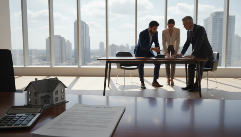 A professional-looking office environment featuring a large wooden desk in the foreground, on which sits a calculator, a stack of papers labeled "Loan Agreement," and a small model house symbolizing collateral. In the middle ground, a diverse group of three business people—two men and a woman—wearing professional attire, engaged in a discussion with expressions of focus and collaboration. One person points to a document while another takes notes. In the background, large windows allow natural light to flood the room, casting soft shadows and creating a bright, inviting atmosphere. The overall mood conveys professionalism and teamwork, emphasizing the importance of understanding core financial concepts. A professional-looking office environment featuring a large wooden desk in the foreground, on which sits a calculator, a stack of papers labeled "Loan Agreement," and a small model house symbolizing collateral. In the middle ground, a diverse group of three business people—two men and a woman—wearing professional attire, engaged in a discussion with expressions of focus and collaboration. One person points to a document while another takes notes. In the background, large windows allow natural light to flood the room, casting soft shadows and creating a bright, inviting atmosphere. The overall mood conveys professionalism and teamwork, emphasizing the importance of understanding core financial concepts.