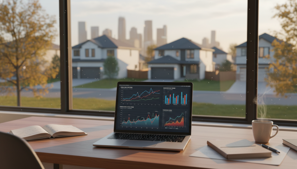 A professional, modern home office setting illustrating the concept of home price fluctuations. In the foreground, a stylish desk with a laptop displaying graphs and charts reflecting real estate trends. On the desk, a notepad filled with notes about property values and market analysis. In the middle ground, a large window showing a view of suburban homes, with some trees framing the scene. The background features a soft focus of city skyline, hinting at urban housing markets. The lighting is warm and inviting, creating an atmosphere of knowledge and optimism. The perspective is slightly tilted as if taken with a wide-angle lens, capturing both the desk's details and the expansive view outside. A professional, modern home office setting illustrating the concept of home price fluctuations. In the foreground, a stylish desk with a laptop displaying graphs and charts reflecting real estate trends. On the desk, a notepad filled with notes about property values and market analysis. In the middle ground, a large window showing a view of suburban homes, with some trees framing the scene. The background features a soft focus of city skyline, hinting at urban housing markets. The lighting is warm and inviting, creating an atmosphere of knowledge and optimism. The perspective is slightly tilted as if taken with a wide-angle lens, capturing both the desk's details and the expansive view outside.