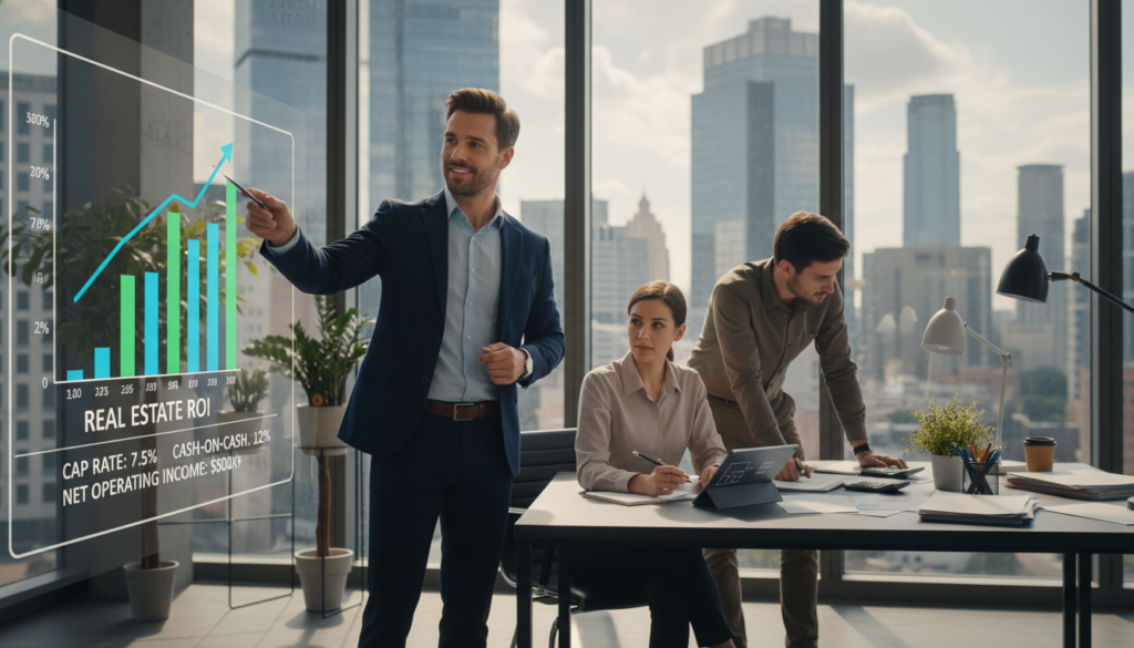A professional office environment featuring a diverse team of three individuals analyzing real estate ROI on a large screen. Foreground: a well-dressed man pointing at a graph displaying rising returns and key investment metrics. Middle: a focused woman taking notes on a tablet, surrounded by modern office furniture and a large window showcasing a cityscape in the background. Background: a conference table with charts, calculators, and financial reports scattered around, illuminated by soft, natural light coming through the window. The atmosphere should be collaborative and energetic, emphasizing teamwork and the pursuit of knowledge in real estate investment. Capture this scene with a slightly elevated angle to provide depth and clarity. A professional office environment featuring a diverse team of three individuals analyzing real estate ROI on a large screen. Foreground: a well-dressed man pointing at a graph displaying rising returns and key investment metrics. Middle: a focused woman taking notes on a tablet, surrounded by modern office furniture and a large window showcasing a cityscape in the background. Background: a conference table with charts, calculators, and financial reports scattered around, illuminated by soft, natural light coming through the window. The atmosphere should be collaborative and energetic, emphasizing teamwork and the pursuit of knowledge in real estate investment. Capture this scene with a slightly elevated angle to provide depth and clarity.