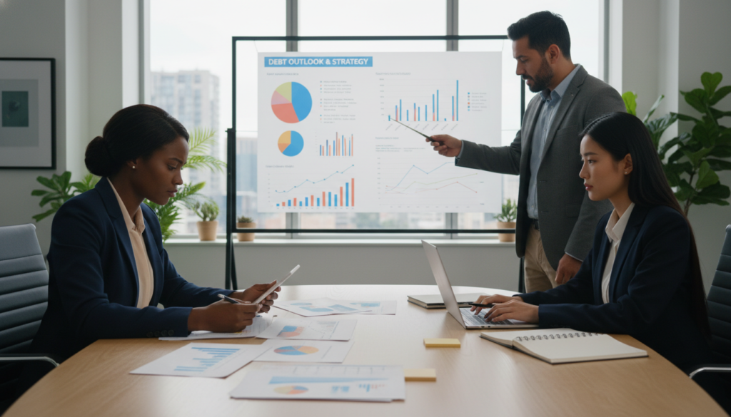 A professional office environment with a diverse group of individuals engaged in a debt assessment meeting. In the foreground, a middle-aged Black woman in smart business attire is analyzing financial documents on a sleek conference table, surrounded by charts and graphs showing debt trends. In the middle, a middle-aged Hispanic man is pointing at a large projection screen displaying a detailed analysis of current financial situations, while a young Asian woman takes notes diligently. The background features a modern office with large windows letting in soft natural light, accentuating the serious but hopeful atmosphere. The scene captures collaboration and focus, emphasizing the importance of understanding financial circumstances in a clear and organized manner. The image should evoke a sense of determination and clarity in tackling debt management. A professional office environment with a diverse group of individuals engaged in a debt assessment meeting. In the foreground, a middle-aged Black woman in smart business attire is analyzing financial documents on a sleek conference table, surrounded by charts and graphs showing debt trends. In the middle, a middle-aged Hispanic man is pointing at a large projection screen displaying a detailed analysis of current financial situations, while a young Asian woman takes notes diligently. The background features a modern office with large windows letting in soft natural light, accentuating the serious but hopeful atmosphere. The scene captures collaboration and focus, emphasizing the importance of understanding financial circumstances in a clear and organized manner. The image should evoke a sense of determination and clarity in tackling debt management.