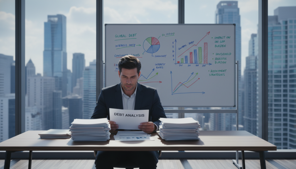 A professional office setting bathed in soft, natural light coming through large windows. In the foreground, a focused individual in business attire sits at a modern desk, analyzing a stack of documents titled "Debt Analysis." The middle ground features a chalkboard or whiteboard displaying charts and graphs illustrating rising debt levels, alongside thoughtful notes made with colorful markers. In the background, a cityscape is visible, symbolizing the broader economic environment impacted by debt, with skyscrapers reaching towards the sky. The mood is serious yet hopeful, emphasizing the importance of understanding debt's effects on personal finances. The angle is slightly above eye level, capturing both the individual’s expression of concentration and the surrounding financial tools. A professional office setting bathed in soft, natural light coming through large windows. In the foreground, a focused individual in business attire sits at a modern desk, analyzing a stack of documents titled "Debt Analysis." The middle ground features a chalkboard or whiteboard displaying charts and graphs illustrating rising debt levels, alongside thoughtful notes made with colorful markers. In the background, a cityscape is visible, symbolizing the broader economic environment impacted by debt, with skyscrapers reaching towards the sky. The mood is serious yet hopeful, emphasizing the importance of understanding debt's effects on personal finances. The angle is slightly above eye level, capturing both the individual’s expression of concentration and the surrounding financial tools.