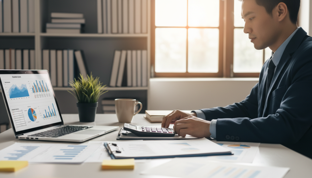 A professional office setting, depicting a confident person in business attire, seated at a desk cluttered with paperwork and a calculator, reviewing documents about personal loans. In the foreground, a close-up of a laptop screen displays financial graphs and loan options, illustrating the concept of smart borrowing. The middle ground features a potted plant and a mug of coffee, creating a warm and inviting atmosphere. The background shows a bookshelf filled with finance books and a window with sunlight streaming in, casting soft shadows. The overall mood is focused and serious, reflecting the importance of understanding personal loans. The lighting is bright yet soft, enhancing the professional ambiance. A professional office setting, depicting a confident person in business attire, seated at a desk cluttered with paperwork and a calculator, reviewing documents about personal loans. In the foreground, a close-up of a laptop screen displays financial graphs and loan options, illustrating the concept of smart borrowing. The middle ground features a potted plant and a mug of coffee, creating a warm and inviting atmosphere. The background shows a bookshelf filled with finance books and a window with sunlight streaming in, casting soft shadows. The overall mood is focused and serious, reflecting the importance of understanding personal loans. The lighting is bright yet soft, enhancing the professional ambiance.