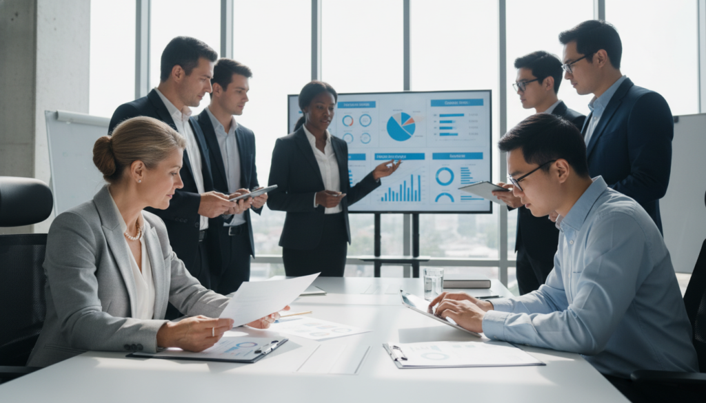 A professional office setting depicting a group of diverse business people engaged in a serious discussion about loan applications. In the foreground, a middle-aged Caucasian woman wearing business attire is analyzing a document with detailed graphs and charts, while a young Asian man notes insights on a digital tablet. In the middle ground, a Black woman is presenting data on a large screen, showcasing metrics relevant to lenders' assessments. The background features a large window allowing natural light to flood the room, casting soft shadows. The atmosphere is focused and collaborative, emphasizing professionalism and teamwork in the decision-making process. The image should be bright and well-lit, with a clear focus on the interactions between the individuals, conveying an air of expertise and trustworthiness. A professional office setting depicting a group of diverse business people engaged in a serious discussion about loan applications. In the foreground, a middle-aged Caucasian woman wearing business attire is analyzing a document with detailed graphs and charts, while a young Asian man notes insights on a digital tablet. In the middle ground, a Black woman is presenting data on a large screen, showcasing metrics relevant to lenders' assessments. The background features a large window allowing natural light to flood the room, casting soft shadows. The atmosphere is focused and collaborative, emphasizing professionalism and teamwork in the decision-making process. The image should be bright and well-lit, with a clear focus on the interactions between the individuals, conveying an air of expertise and trustworthiness.
