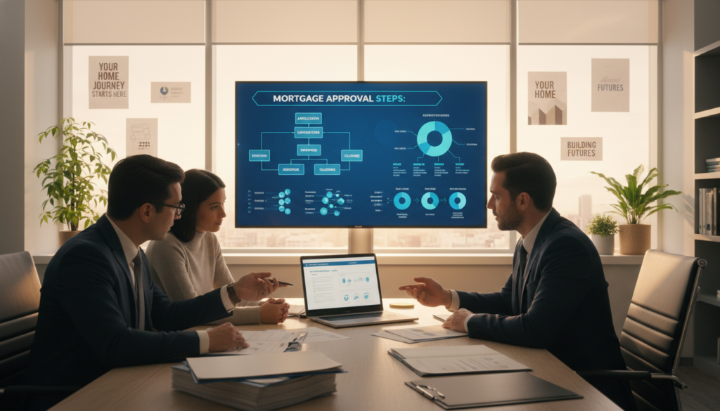 A professional office setting depicting the mortgage approval process in the USA. In the foreground, a diverse group of three business professionals—two in smart suits and one in a modest casual outfit—are engaged in a discussion around a table covered with mortgage paperwork and a laptop. The middle ground features a large presentation board displaying flowcharts and infographics outlining the mortgage steps. In the background, a large window lets in warm, soft natural light, creating a welcoming atmosphere. The room is well-organized, with plants and motivational posters on the walls. The overall mood is focused and productive, emphasizing collaboration and understanding in the mortgage approval journey. The angle showcases the dynamic interaction among the professionals. A professional office setting depicting the mortgage approval process in the USA. In the foreground, a diverse group of three business professionals—two in smart suits and one in a modest casual outfit—are engaged in a discussion around a table covered with mortgage paperwork and a laptop. The middle ground features a large presentation board displaying flowcharts and infographics outlining the mortgage steps. In the background, a large window lets in warm, soft natural light, creating a welcoming atmosphere. The room is well-organized, with plants and motivational posters on the walls. The overall mood is focused and productive, emphasizing collaboration and understanding in the mortgage approval journey. The angle showcases the dynamic interaction among the professionals.