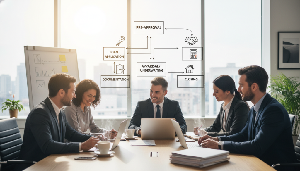 A professional office setting illustrating the step-by-step mortgage approval process. In the foreground, a diverse group of individuals dressed in business attire, focused on discussing paperwork at a conference table. In the middle ground, a detailed flowchart showcasing the major steps of mortgage approval, visually marked with arrows and icons, like home keys, checklists, and calculators. The background features a large window with daylight streaming in, casting soft natural light across the scene, enhancing the collaborative atmosphere. The overall mood is informative and supportive, creating a sense of teamwork and progression toward homeownership. Use a moderate focal length to capture a balanced view. A professional office setting illustrating the step-by-step mortgage approval process. In the foreground, a diverse group of individuals dressed in business attire, focused on discussing paperwork at a conference table. In the middle ground, a detailed flowchart showcasing the major steps of mortgage approval, visually marked with arrows and icons, like home keys, checklists, and calculators. The background features a large window with daylight streaming in, casting soft natural light across the scene, enhancing the collaborative atmosphere. The overall mood is informative and supportive, creating a sense of teamwork and progression toward homeownership. Use a moderate focal length to capture a balanced view.