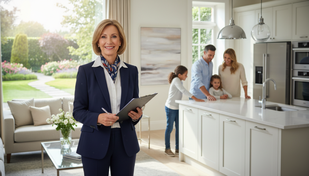 A professional real estate agent engaged in a home showing, standing confidently in a beautifully decorated living room. The agent, a middle-aged person, is dressed in a sharp business suit, holding a clipboard and gesturing towards a large window highlighting a scenic garden view. In the background, a happy family is examining a modern kitchen with stylish appliances. Soft, natural lighting illuminates the space, creating a warm and welcoming atmosphere. The focus is on the interaction between the agent and the family, emphasizing the personalized assistance offered by real estate professionals. The camera angle captures both the agent and the family, showcasing the active dynamics of a home search in today's market, with a bright and inviting ambiance. A professional real estate agent engaged in a home showing, standing confidently in a beautifully decorated living room. The agent, a middle-aged person, is dressed in a sharp business suit, holding a clipboard and gesturing towards a large window highlighting a scenic garden view. In the background, a happy family is examining a modern kitchen with stylish appliances. Soft, natural lighting illuminates the space, creating a warm and welcoming atmosphere. The focus is on the interaction between the agent and the family, emphasizing the personalized assistance offered by real estate professionals. The camera angle captures both the agent and the family, showcasing the active dynamics of a home search in today's market, with a bright and inviting ambiance.