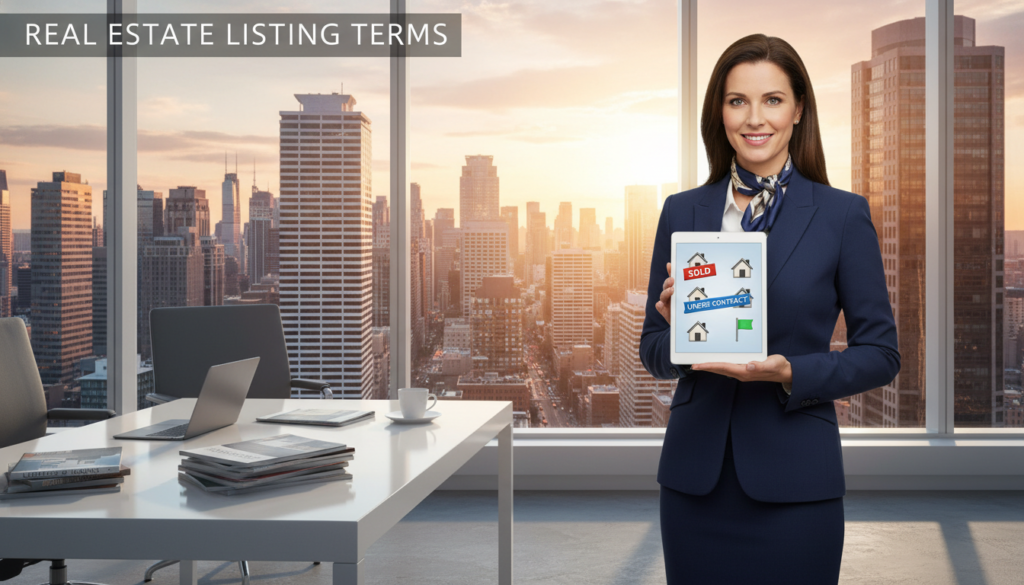 A professional real estate agent in a sharp suit stands confidently in the foreground, holding a digital tablet displaying various property status icons (e.g., sold, under contract, available). In the middle ground, a modern office setting features a stylish desk with property brochures and a large window offering a panoramic view of a bustling cityscape. The background captures an urban skyline at sunset, casting a warm, golden light that reflects optimism. The overall atmosphere conveys clarity and professionalism, ideal for educating beginners about real estate listing terms. Incorporate soft, natural lighting to enhance the inviting feel, with a slight focus on the agent to draw attention to the subject matter. A professional real estate agent in a sharp suit stands confidently in the foreground, holding a digital tablet displaying various property status icons (e.g., sold, under contract, available). In the middle ground, a modern office setting features a stylish desk with property brochures and a large window offering a panoramic view of a bustling cityscape. The background captures an urban skyline at sunset, casting a warm, golden light that reflects optimism. The overall atmosphere conveys clarity and professionalism, ideal for educating beginners about real estate listing terms. Incorporate soft, natural lighting to enhance the inviting feel, with a slight focus on the agent to draw attention to the subject matter.