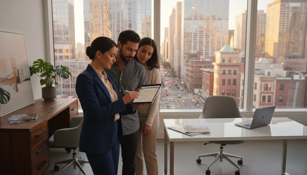 A professional real estate agent in business attire stands confidently in the foreground, discussing commission rates with a diverse couple examining a property listing on a tablet. In the middle ground, an elegant office space showcases a large window with an impressive view of a city skyline, filled with modern buildings reflecting the late afternoon sunlight. The background features a well-organized desk with real estate brochures and a potted plant, suggesting an atmosphere of professionalism and trust. The lighting is warm and inviting, enhancing the sense of approachability and expertise. The angle focuses slightly downward from above, capturing the interactions, while creating a sense of depth and engagement, ideal for illustrating the complexities of understanding real estate commission. A professional real estate agent in business attire stands confidently in the foreground, discussing commission rates with a diverse couple examining a property listing on a tablet. In the middle ground, an elegant office space showcases a large window with an impressive view of a city skyline, filled with modern buildings reflecting the late afternoon sunlight. The background features a well-organized desk with real estate brochures and a potted plant, suggesting an atmosphere of professionalism and trust. The lighting is warm and inviting, enhancing the sense of approachability and expertise. The angle focuses slightly downward from above, capturing the interactions, while creating a sense of depth and engagement, ideal for illustrating the complexities of understanding real estate commission.