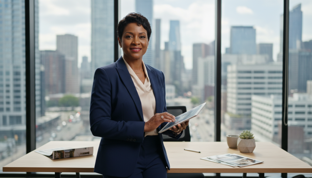 A professional real estate agent standing confidently in a modern office environment, featuring sleek glass walls and minimalistic furniture. In the foreground, the agent, a middle-aged African American woman with short, styled hair, is dressed in a tailored navy blue suit holding a tablet, displaying a friendly yet assertive demeanor. Her expression conveys trust and expertise. In the middle ground, a well-designed desk showcases property brochures and a small indoor plant. The background features a large cityscape visible through the windows, hinting at a bustling commercial area. Soft, natural light streams in, creating a welcoming atmosphere. The focus is sharp on the agent, with a slight blur on the background to emphasize her importance in the real estate narrative. A professional real estate agent standing confidently in a modern office environment, featuring sleek glass walls and minimalistic furniture. In the foreground, the agent, a middle-aged African American woman with short, styled hair, is dressed in a tailored navy blue suit holding a tablet, displaying a friendly yet assertive demeanor. Her expression conveys trust and expertise. In the middle ground, a well-designed desk showcases property brochures and a small indoor plant. The background features a large cityscape visible through the windows, hinting at a bustling commercial area. Soft, natural light streams in, creating a welcoming atmosphere. The focus is sharp on the agent, with a slight blur on the background to emphasize her importance in the real estate narrative.