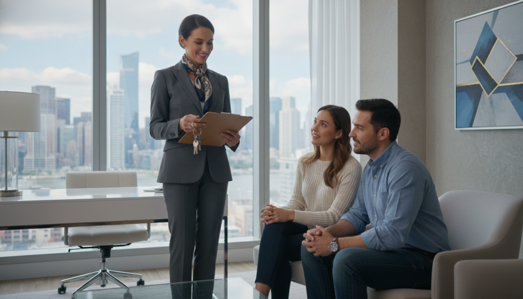 A professional real estate agent standing confidently in an elegant modern office, wearing a tailored business suit, holding a clipboard and a set of house keys. In the foreground, the agent smiles warmly while discussing property details with a couple, both casually dressed but neat, showing engagement and interest. In the middle ground, a large window reveals a view of a bustling city skyline, emphasizing the urban setting. The background features elegant decor, including a stylish desk and contemporary art on the walls, creating an inviting atmosphere. Soft, natural lighting streams in from the window, casting gentle shadows and highlighting the professionalism of the scene. The overall mood is optimistic and welcoming, reflecting the supportive role of real estate professionals. A professional real estate agent standing confidently in an elegant modern office, wearing a tailored business suit, holding a clipboard and a set of house keys. In the foreground, the agent smiles warmly while discussing property details with a couple, both casually dressed but neat, showing engagement and interest. In the middle ground, a large window reveals a view of a bustling city skyline, emphasizing the urban setting. The background features elegant decor, including a stylish desk and contemporary art on the walls, creating an inviting atmosphere. Soft, natural lighting streams in from the window, casting gentle shadows and highlighting the professionalism of the scene. The overall mood is optimistic and welcoming, reflecting the supportive role of real estate professionals.