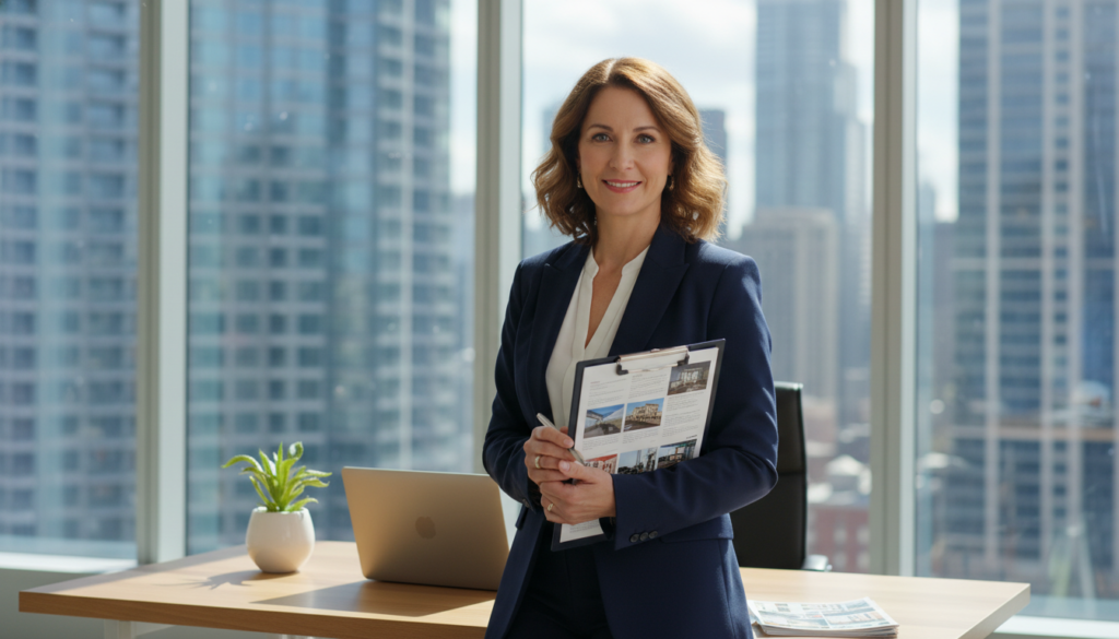 A professional real estate agent stands confidently in a well-lit modern office, showcasing their expertise. In the foreground, the agent, a middle-aged woman with shoulder-length brown hair, is dressed in a tailored navy blazer and white blouse, holding a clipboard with property listings. In the middle, a sleek desk with a laptop and a small indoor plant adds a touch of warmth to the scene. The background reveals large windows with a view of a bustling city skyline, allowing natural light to flood the space, creating an inviting atmosphere. The angle is slightly angled to emphasize the agent's approachable demeanor, reflecting a sense of professionalism and trustworthiness in a relatable environment. A professional real estate agent stands confidently in a well-lit modern office, showcasing their expertise. In the foreground, the agent, a middle-aged woman with shoulder-length brown hair, is dressed in a tailored navy blazer and white blouse, holding a clipboard with property listings. In the middle, a sleek desk with a laptop and a small indoor plant adds a touch of warmth to the scene. The background reveals large windows with a view of a bustling city skyline, allowing natural light to flood the space, creating an inviting atmosphere. The angle is slightly angled to emphasize the agent's approachable demeanor, reflecting a sense of professionalism and trustworthiness in a relatable environment.