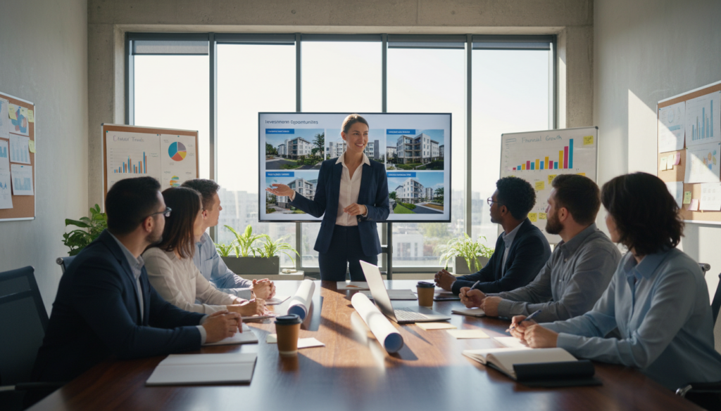 A professional real estate agent, wearing smart business attire, interacts with a diverse group of beginners in a bright, inviting office space. In the foreground, a polished wooden conference table displays property brochures and architectural plans. The middle features the agent, confidently explaining investment strategies, gesturing towards a presentation on a large screen that showcases various properties. In the background, large windows allow natural sunlight to flood the room, illuminating charts and graphs on the walls. The atmosphere is energetic and encouraging, symbolizing hope and opportunity for first-time investors. The angle should be slightly angled from one side to emphasize the group dynamic and the professionalism of the setting, creating a sense of engagement and learning. A professional real estate agent, wearing smart business attire, interacts with a diverse group of beginners in a bright, inviting office space. In the foreground, a polished wooden conference table displays property brochures and architectural plans. The middle features the agent, confidently explaining investment strategies, gesturing towards a presentation on a large screen that showcases various properties. In the background, large windows allow natural sunlight to flood the room, illuminating charts and graphs on the walls. The atmosphere is energetic and encouraging, symbolizing hope and opportunity for first-time investors. The angle should be slightly angled from one side to emphasize the group dynamic and the professionalism of the setting, creating a sense of engagement and learning.