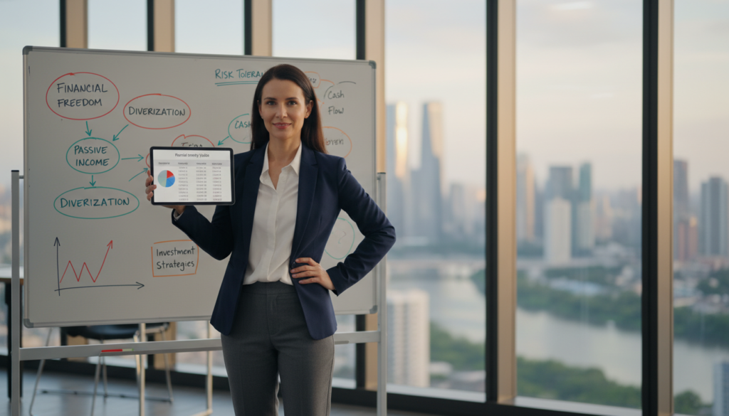 A professional real estate consultant, dressed in smart business attire, stands confidently in the foreground, holding a digital tablet displaying rental property graphs and financial data. In the middle ground, a large whiteboard is filled with colorful scribbles of financial goals, risk tolerance charts, and investment strategies. The background features a bright, modern office with large windows showcasing a panoramic view of a city skyline, symbolizing opportunity and growth. Soft, warm lighting creates an inviting atmosphere, while a slight lens blur adds focus to the consultant's expression of determination. The overall mood is one of ambition, clarity, and professionalism, reflecting the essence of defining real estate financial goals. A professional real estate consultant, dressed in smart business attire, stands confidently in the foreground, holding a digital tablet displaying rental property graphs and financial data. In the middle ground, a large whiteboard is filled with colorful scribbles of financial goals, risk tolerance charts, and investment strategies. The background features a bright, modern office with large windows showcasing a panoramic view of a city skyline, symbolizing opportunity and growth. Soft, warm lighting creates an inviting atmosphere, while a slight lens blur adds focus to the consultant's expression of determination. The overall mood is one of ambition, clarity, and professionalism, reflecting the essence of defining real estate financial goals.