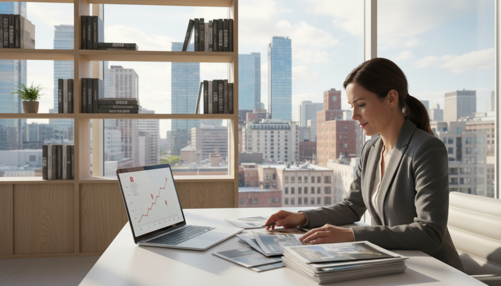 A professional real estate investor examining a portfolio of properties, seated at a sleek modern desk in a bright, airy office. In the foreground, a stack of property brochures and a laptop display charting real estate trends. The middle layer features a large window showing a vibrant city skyline with various forms of architecture, including residential and commercial buildings, symbolizing diverse investment opportunities. The background includes a bookshelf filled with real estate investment books, enhancing the scholarly atmosphere. Use soft, natural lighting to create an inviting environment, with a focus on clarity and detail. The overall mood is optimistic and focused, conveying a sense of professionalism and ambition in real estate investing. A professional real estate investor examining a portfolio of properties, seated at a sleek modern desk in a bright, airy office. In the foreground, a stack of property brochures and a laptop display charting real estate trends. The middle layer features a large window showing a vibrant city skyline with various forms of architecture, including residential and commercial buildings, symbolizing diverse investment opportunities. The background includes a bookshelf filled with real estate investment books, enhancing the scholarly atmosphere. Use soft, natural lighting to create an inviting environment, with a focus on clarity and detail. The overall mood is optimistic and focused, conveying a sense of professionalism and ambition in real estate investing.