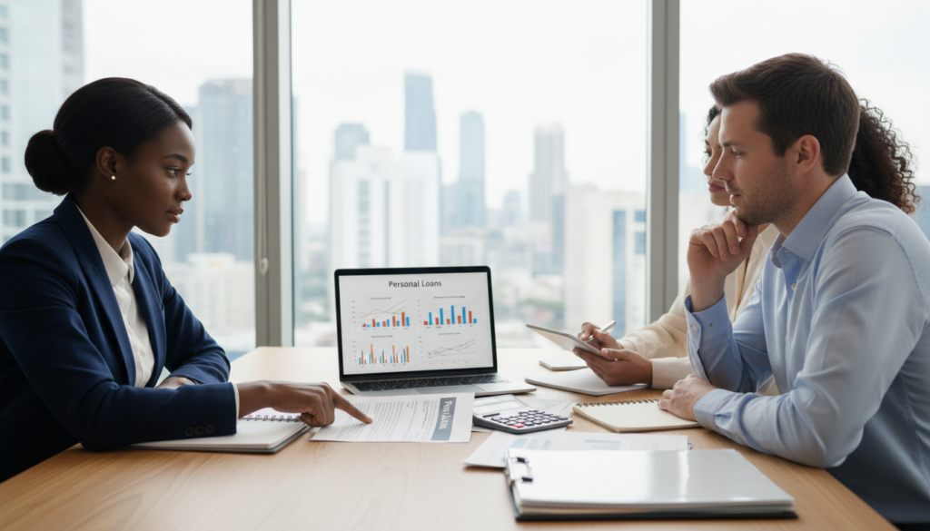 A professional setting featuring a diverse group of three individuals engaged in a financial discussion around a table. In the foreground, a confident African American woman in business attire is pointing at a document titled “Personal Loans,” while a Caucasian man and a Hispanic woman attentively listen, taking notes. The middle ground shows a laptop displaying charts and graphs relevant to loan applications, alongside a calculator and financial documents strewn across the table. The background features a modern office with large windows allowing natural light to flood in, creating a warm and inviting atmosphere. The scene conveys a sense of collaboration and professionalism, emphasizing the importance of understanding personal loans. Soft lighting highlights the expressions of the individuals, enhancing the focus on their engagement in discussion about financial opportunities. A professional setting featuring a diverse group of three individuals engaged in a financial discussion around a table. In the foreground, a confident African American woman in business attire is pointing at a document titled “Personal Loans,” while a Caucasian man and a Hispanic woman attentively listen, taking notes. The middle ground shows a laptop displaying charts and graphs relevant to loan applications, alongside a calculator and financial documents strewn across the table. The background features a modern office with large windows allowing natural light to flood in, creating a warm and inviting atmosphere. The scene conveys a sense of collaboration and professionalism, emphasizing the importance of understanding personal loans. Soft lighting highlights the expressions of the individuals, enhancing the focus on their engagement in discussion about financial opportunities.