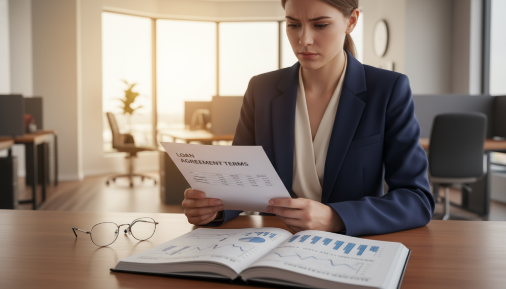 A professional setting illustrating the concept of loan fundamentals. In the foreground, an open notebook filled with graphs and charts related to loan terms and interest rates, accompanied by a pair of reading glasses. In the middle, a well-dressed businesswoman, wearing a smart blazer, analyzing a document with a thoughtful expression, symbolizing understanding and decision-making. In the background, a blurred office environment with a large window allowing soft, natural light to flood the scene, creating a calm and focused atmosphere. The composition should capture the essence of financial literacy and responsible borrowing, with a warm color palette to encourage trust and positivity. The image is free of any text or branding elements. A professional setting illustrating the concept of loan fundamentals. In the foreground, an open notebook filled with graphs and charts related to loan terms and interest rates, accompanied by a pair of reading glasses. In the middle, a well-dressed businesswoman, wearing a smart blazer, analyzing a document with a thoughtful expression, symbolizing understanding and decision-making. In the background, a blurred office environment with a large window allowing soft, natural light to flood the scene, creating a calm and focused atmosphere. The composition should capture the essence of financial literacy and responsible borrowing, with a warm color palette to encourage trust and positivity. The image is free of any text or branding elements.