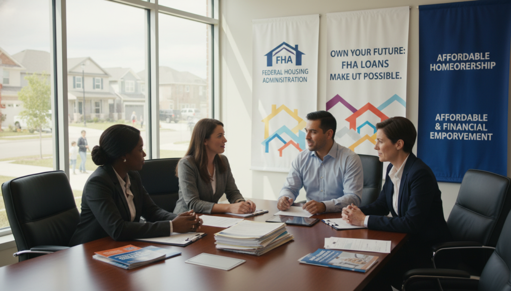 A professional setting showcasing the Federal Housing Administration (FHA) in a contemporary office environment. In the foreground, a diverse group of three business professionals (a Black woman, a Hispanic man, and a Caucasian woman) are engaged in a discussion around a table covered with mortgage documents and home buying brochures. The middle-ground features a large window with a view of a suburban neighborhood, symbolizing community and homeownership. The background displays a modern office with banners about FHA loans, homeownership opportunities, and financial guidance. Soft, natural lighting illuminates the scene, creating an inviting and informative atmosphere, while a wide-angle perspective captures the warmth and professionalism of the space. A professional setting showcasing the Federal Housing Administration (FHA) in a contemporary office environment. In the foreground, a diverse group of three business professionals (a Black woman, a Hispanic man, and a Caucasian woman) are engaged in a discussion around a table covered with mortgage documents and home buying brochures. The middle-ground features a large window with a view of a suburban neighborhood, symbolizing community and homeownership. The background displays a modern office with banners about FHA loans, homeownership opportunities, and financial guidance. Soft, natural lighting illuminates the scene, creating an inviting and informative atmosphere, while a wide-angle perspective captures the warmth and professionalism of the space.