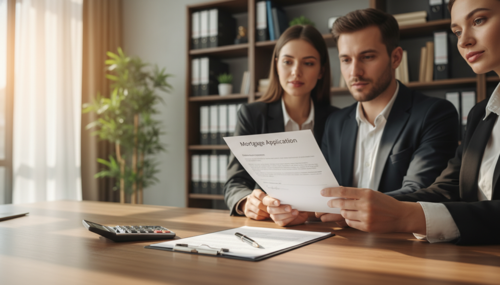 A professional workspace showcasing a mortgage application process. In the foreground, a neatly organized wooden desk with a mortgage application form, a pen, and a calculator, all well-lit by warm, natural light. In the middle ground, a pair of hands (dressed in business attire) holding a signed mortgage application, with a focused look of determination. The background features a blurred view of a modern office with bookshelves filled with financial documents, a potted plant for a touch of greenery, and a window allowing soft sunlight to stream in. The scene conveys a sense of professionalism and clarity, highlighting the importance of understanding the mortgage application process. The overall atmosphere is calm and inviting, promoting an aura of confidence and diligence. A professional workspace showcasing a mortgage application process. In the foreground, a neatly organized wooden desk with a mortgage application form, a pen, and a calculator, all well-lit by warm, natural light. In the middle ground, a pair of hands (dressed in business attire) holding a signed mortgage application, with a focused look of determination. The background features a blurred view of a modern office with bookshelves filled with financial documents, a potted plant for a touch of greenery, and a window allowing soft sunlight to stream in. The scene conveys a sense of professionalism and clarity, highlighting the importance of understanding the mortgage application process. The overall atmosphere is calm and inviting, promoting an aura of confidence and diligence.