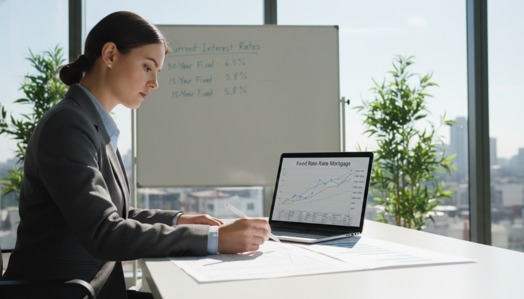 A serene office environment featuring a modern desk with a laptop displaying graphs of fixed-rate mortgage stability. In the foreground, a confident young professional in business attire analyzes the data, using a pen to underscore key points on a detailed mortgage chart. The middle ground captures a whiteboard filled with neatly written figures illustrating interest rates, flanked by plants to create a calming atmosphere. In the background, large windows reveal a bright, sunny day outside, symbolizing clarity and stability. Soft, natural light fills the space, casting gentle shadows and emphasizing a professional, focused mood. The angle of the shot conveys depth, leading the viewer’s eye from the foreground analysis to the broader context of the charts, highlighting a sense of long-term security in finances. A serene office environment featuring a modern desk with a laptop displaying graphs of fixed-rate mortgage stability. In the foreground, a confident young professional in business attire analyzes the data, using a pen to underscore key points on a detailed mortgage chart. The middle ground captures a whiteboard filled with neatly written figures illustrating interest rates, flanked by plants to create a calming atmosphere. In the background, large windows reveal a bright, sunny day outside, symbolizing clarity and stability. Soft, natural light fills the space, casting gentle shadows and emphasizing a professional, focused mood. The angle of the shot conveys depth, leading the viewer’s eye from the foreground analysis to the broader context of the charts, highlighting a sense of long-term security in finances.