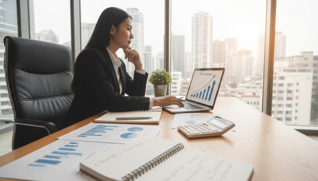 A serene office environment featuring a professional businesswoman in smart attire, seated at a desk covered with financial documents, a calculator, and a laptop displaying charts of debt consolidation trends. In the foreground, a calculator and a notepad with neatly written calculations emphasize the analysis of debt. In the middle, the businesswoman is deep in thought, looking at the laptop screen, surrounded by a potted plant that adds a touch of nature. In the background, glass windows reveal a city skyline bathed in natural sunlight, creating a sense of optimism and clarity. The atmosphere is focused and professional, with warm lighting that enhances the mood of smart financial decision-making. A serene office environment featuring a professional businesswoman in smart attire, seated at a desk covered with financial documents, a calculator, and a laptop displaying charts of debt consolidation trends. In the foreground, a calculator and a notepad with neatly written calculations emphasize the analysis of debt. In the middle, the businesswoman is deep in thought, looking at the laptop screen, surrounded by a potted plant that adds a touch of nature. In the background, glass windows reveal a city skyline bathed in natural sunlight, creating a sense of optimism and clarity. The atmosphere is focused and professional, with warm lighting that enhances the mood of smart financial decision-making.
